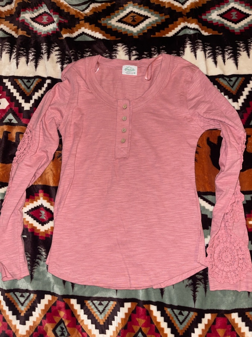 Pink Lace-Sleeve Henley Women's Top